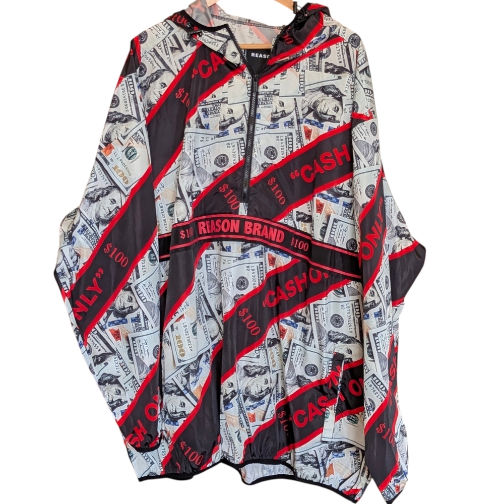Reason Brand Money Print Windbreaker Quarter Zip 5X Streetwear Casual Statement